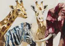 Schilderij van giraffen, een zebra en een olifant dicht bij elkaar