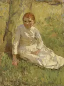 Girl in a Field van George Clausen: figuren met meisje, veld, gras en witte jurk, in groen en wit