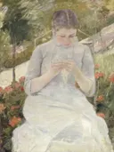 Girl in the Garden van Mary Cassatt: figuren met meisje, naaien, tuin en witte jurk, in wit en lichtgroen