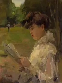 Girl reading van Isaac Israëls: figuren met meisje, lezen, krant en park, in gedempt groen met wit