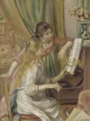 Girls at the Piano van Pierre-Auguste Renoir: figuren met meisjes, piano, muziek en bladmuziek, in zacht geel en groen