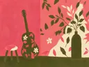 Schilderij van gitaar tegen de muur in olijf en roze, in vlakke kleurvlakken