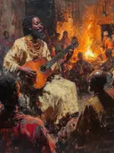 Man speelt gitaar bij kampvuur, Afrikaans dorpsleven