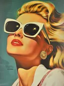 Vintage pop-art illustratie van een vrouw met zonnebril en rode lippenstift