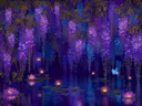 Schilderij van gestileerde wisteria boven een vijver met lotusbloemen