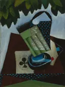 Glass and Playing Cards (1915) van Juan Gris: stilleven met glas, speelkaarten, tafel en kubisme, in donkergroen en blauw