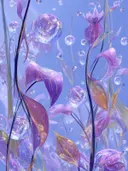 Schilderij van doorschijnende paarse glasbloemen met zeepbellen tegen een blauwe achtergrond