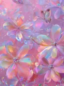 Schilderij van doorschijnende glazen bloemen in roze tinten met vlinders