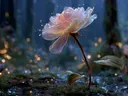 Schilderij van een doorschijnende roze roos in een verlicht bos.