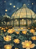 Victoriaanse glazen kas verlicht bij nacht met gloeiende gouden bloemen op de voorgrond en sterrenhemel.