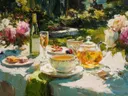 Stillevenschilderij van een glazen theepot met champagne en rozen
