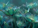 Schilderij van doorschijnende turquoise bloemen met vlinders en dauwdruppels