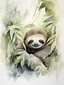 Aquarel van een lachende luiaard tussen groene bladeren.