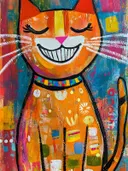 Schilderij van een glimlachende oranje kat met gesloten ogen en een kleurrijke halsband tegen een bonte achtergrond