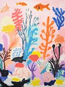 Schilderij van een glimlachende oranje vis tussen gekleurd koraal onder water.