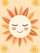 Illustratie van een glimlachende antropomorfe zon met stralen en blosjes.