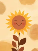 Illustratie van een zonnebloem met een glimlachend gezicht en bruine bladeren.