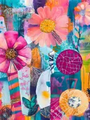 Collage met roze en zalmkleurige bloemen en glinsterende cirkeldetails