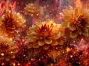 Schilderij van gouden dahlia's met glinsterende details tegen een rode achtergrond