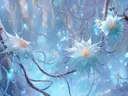 Schilderij van lichtgevende blauwe sterbloemen aan berijpte ranken in een nachtelijk bos
