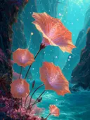 Schilderij van een gloeiende waaiervormige bloem boven een canyonrivier
