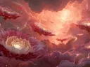 Schilderij van gloeiende roze bloesems in een wolkenhemel met zonlicht