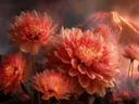Schilderij van gloeiende oranje dahlia's bij een lavastroom