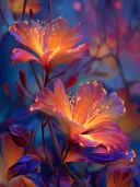 Schilderij van gloeiende hibiscusbloemen tegen een blauwe nachtachtergrond