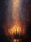 Stilleven schilderij van een gloeiende kandelaar met reflectie