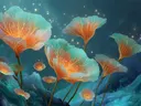 Schilderij van doorschijnende gloeiende bloemen in turquoise en oranje tinten