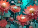 Schilderij van gloeiende koraalrode lotusbloemen onder water met bubbels