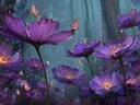 Schilderij van gloeiende paarse bloemen met vuurvliegjes in een donker bos