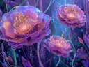 Schilderij van roze pioenrozen met gouden gloed in een blauwe droomwereld