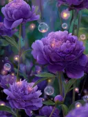 Schilderij van paarse pioenrozen omgeven door gloeiende lichtbollen in een mystieke tuin