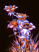 Digitale kunst van gloeiende oranje en blauwe rozen tegen een zwarte achtergrond.