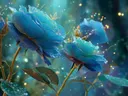Schilderij van gloeiende turquoise rozen in een betoverd woud