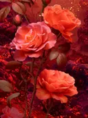 Schilderij van rozen in roze en oranje tinten voor een vurige, vonkende achtergrond