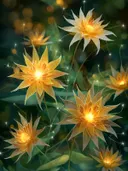 Schilderij van gloeiende gouden sterbloemen met zwevende lichtjes