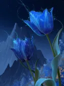 Schilderij van gloeiende blauwe tulpen voor een bergketen bij nacht