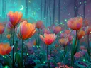 Schilderij van oranje tulpen die oplichten bij maanlicht in een bos