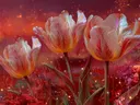 Schilderij van drie tulpen met gloeiende randen bij schemering