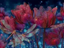 Schilderij van gloeiende rode tulpen met libellen in een nachtelijke tuin