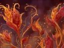Schilderij van gloeiende vlamvormige fantasiebloemen op donkere achtergrond