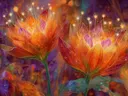 Schilderij van gloeiende oranje bloemen met opstijgend sterrenstof