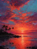 Schilderij van een palmeneiland in silhouet tegen een gloeiende zonsondergang