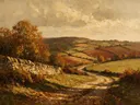 Landschapsschilderij, glooiende heuvels met heggen in gouden herfst