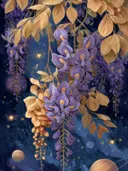 Glycine in lila en goud tussen de planeten, surrealisme schilderij