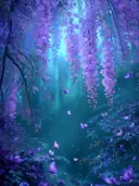 Schilderij van hangende paarse glycine in een turquoise verlicht bos