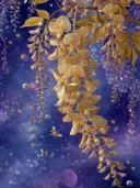 Schilderij van gouden glycine met planeten tegen een kosmische achtergrond