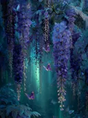 Schilderij van een waterval van paarse glycine met vlinders in een donker woud